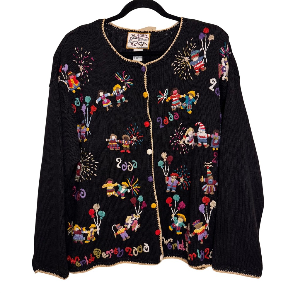 Vintage Y2K Embroidered Cardigan Sweater‎ L Black New Year's Eve Party Fireworks